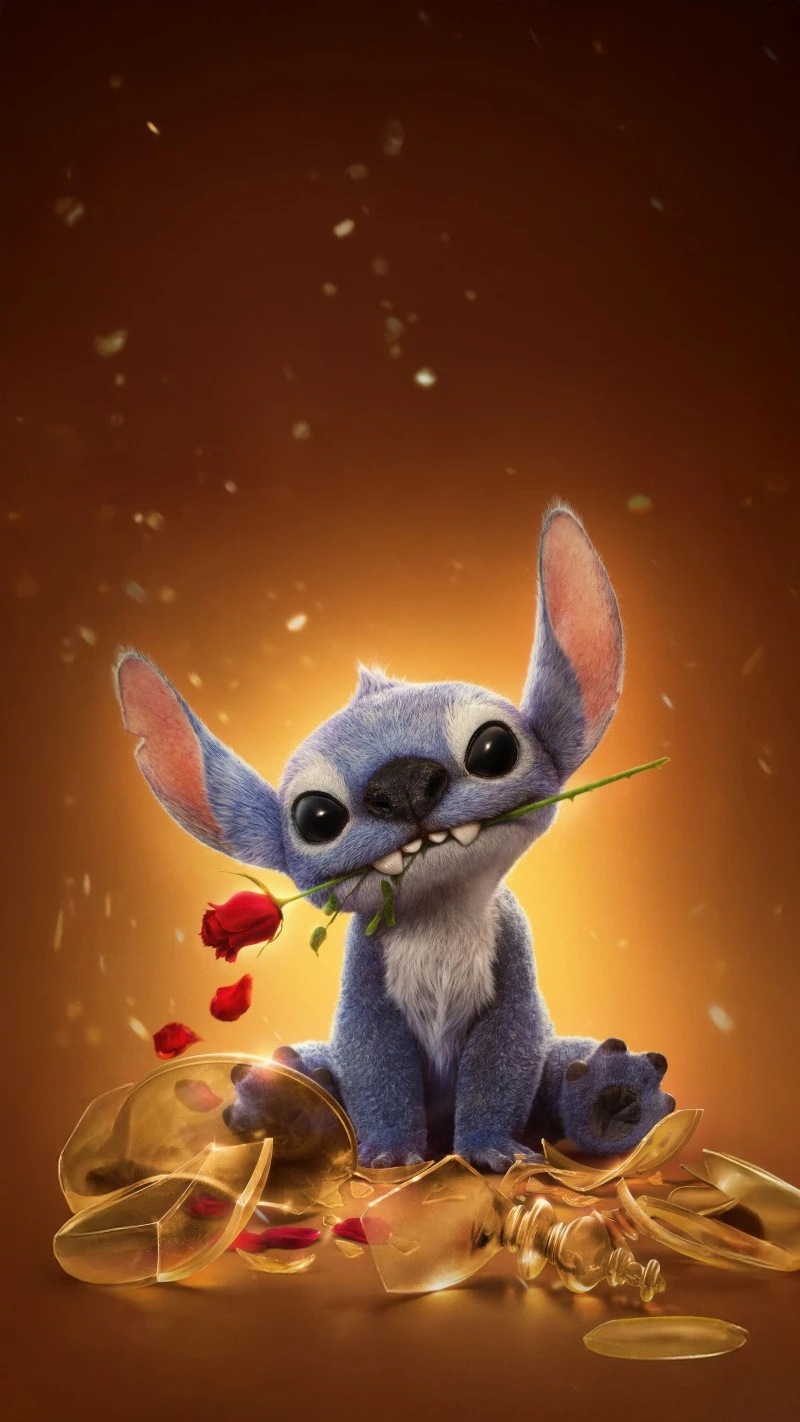 Stitch with a Rose 4K Mobile Wallpaper
