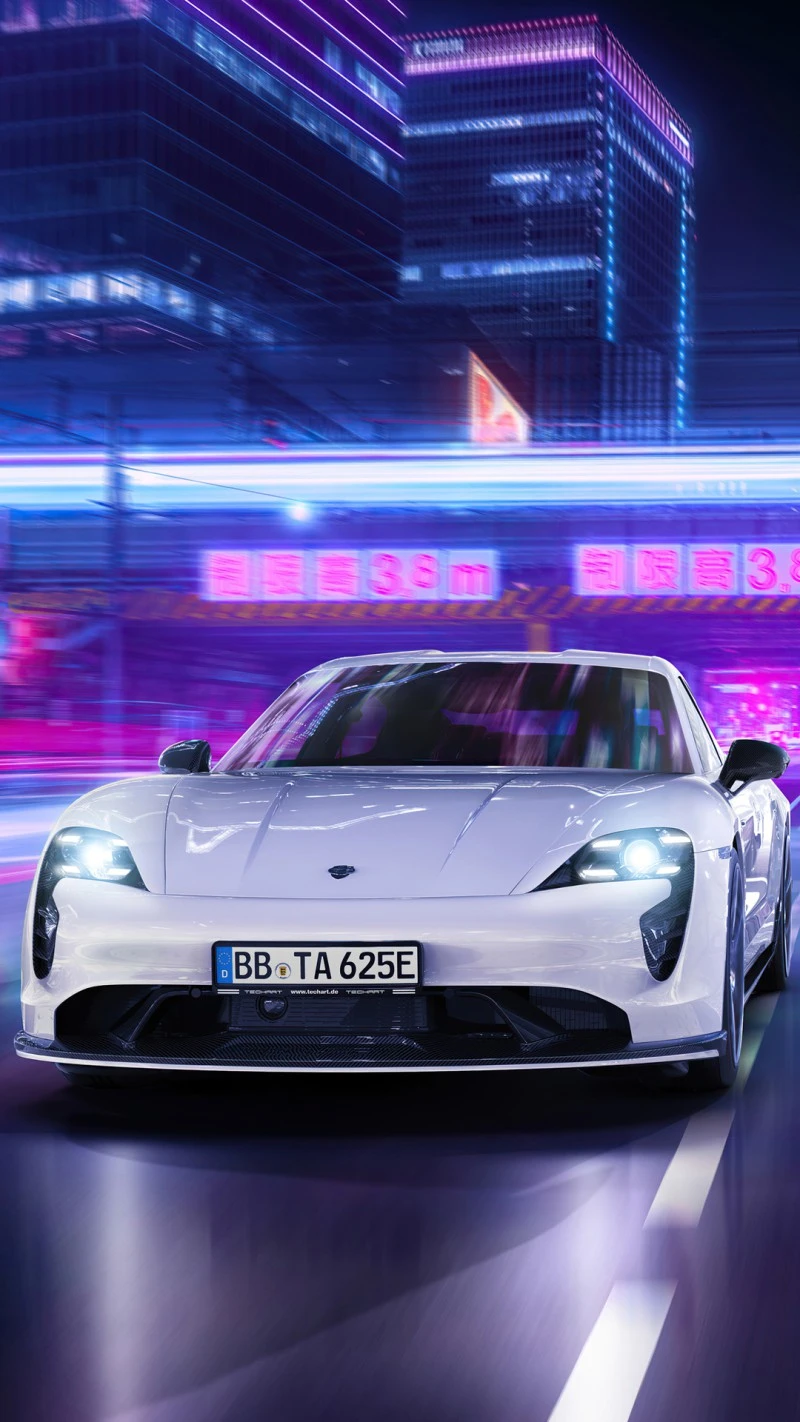 Futuristic White Sports Car in Neon City 4K Mobile Wallpaper