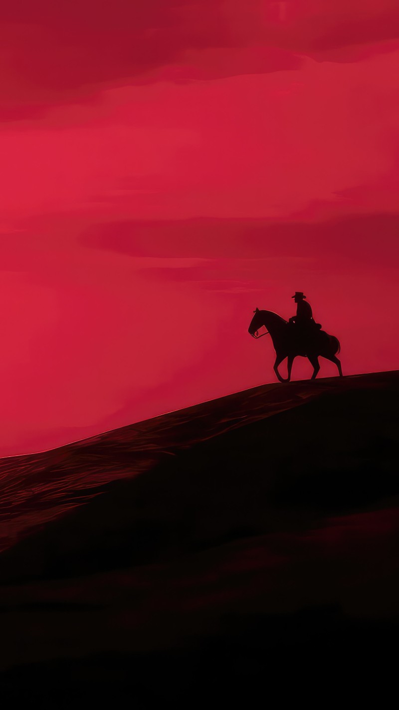 Red Moody Cowboy Silhouette Horse Riding Sunset Minimalist 4K 4K Mobile Wallpaper