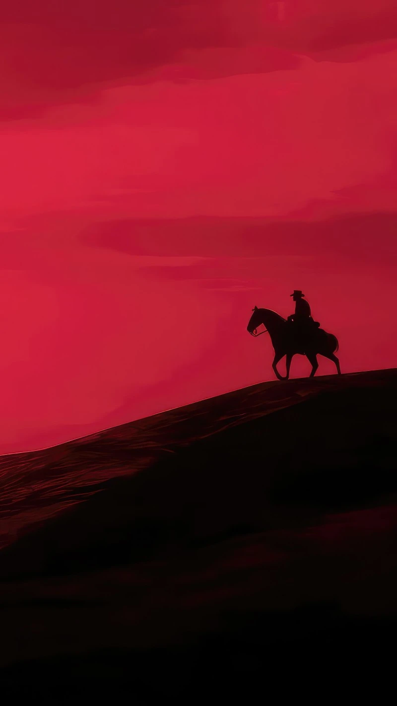 Red Moody Cowboy Silhouette Horse Riding Sunset Minimalist 4K 4K Mobile Wallpaper