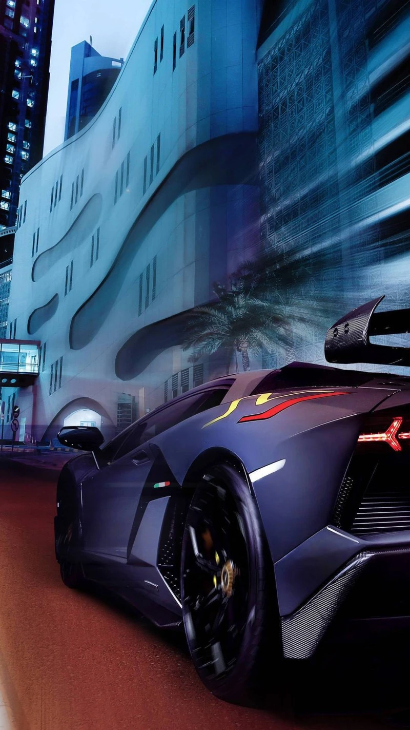 Dark Gray Lamborghini Aventador in City 4K Mobile Wallpaper