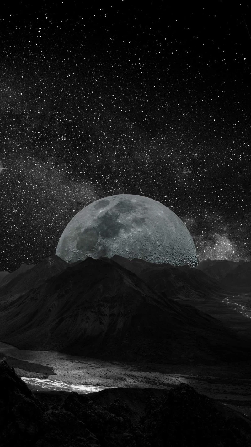 Monchromatic Moonrise over Mountain Range 4K Mobile Wallpaper