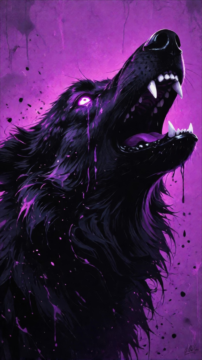 Purple Glowing Eyes Black Wolf Howling in Dark Fantasy Style Wallpaper 4K Wing Wallpaper