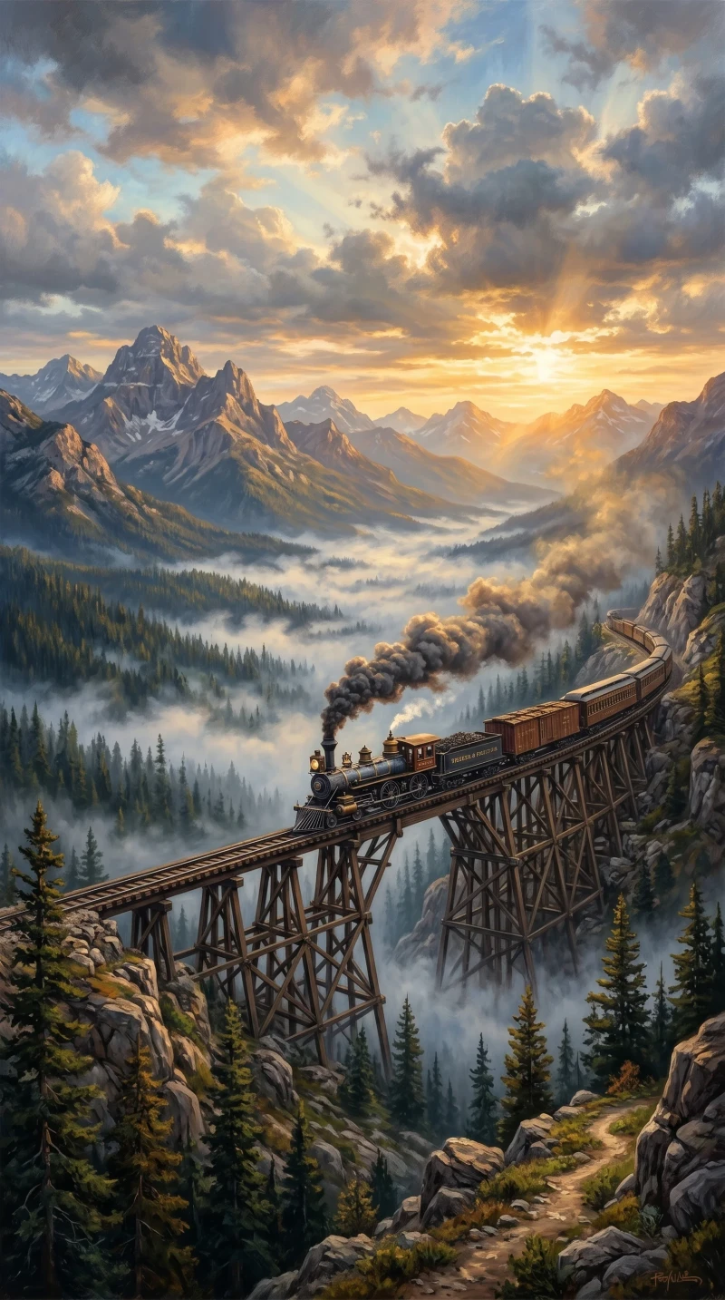 Train crossing a bridge in a mountainous landscape at sunset 4K Red dead Wallpaper