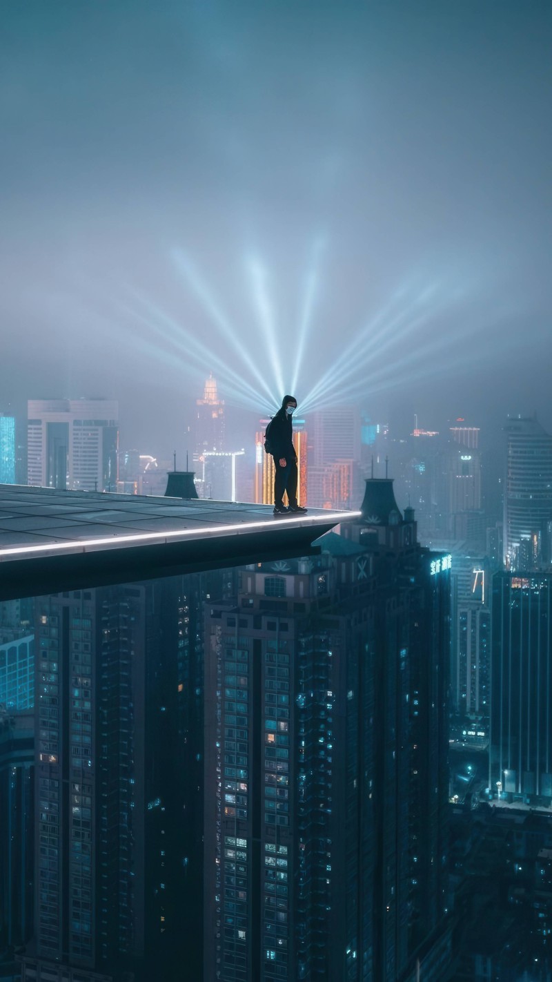 Rooftop View Cityscape with Lone Figure 4K Perspective Wallpaper