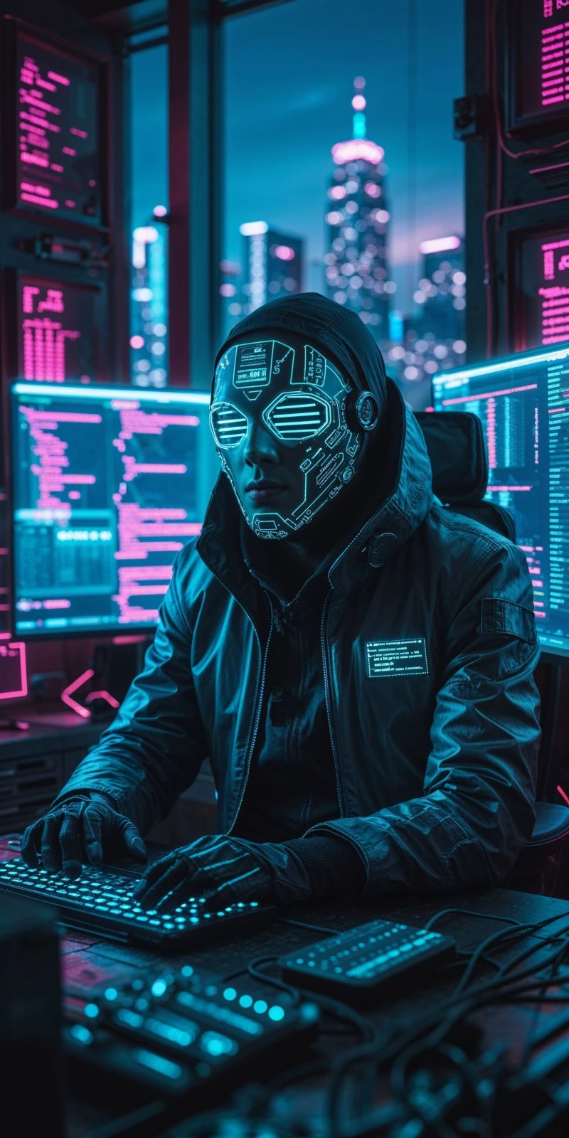AI Hacker in Neon City 4K Mobile Wallpaper