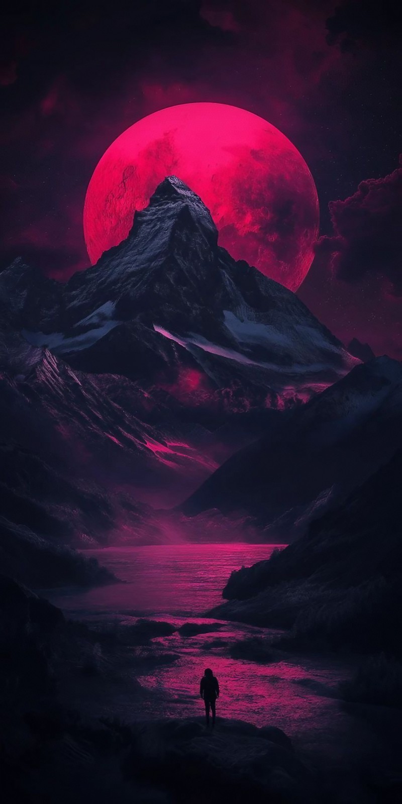 Pink Blood Moon Over Majestic Mountain Lake 4K Figure Wallpaper