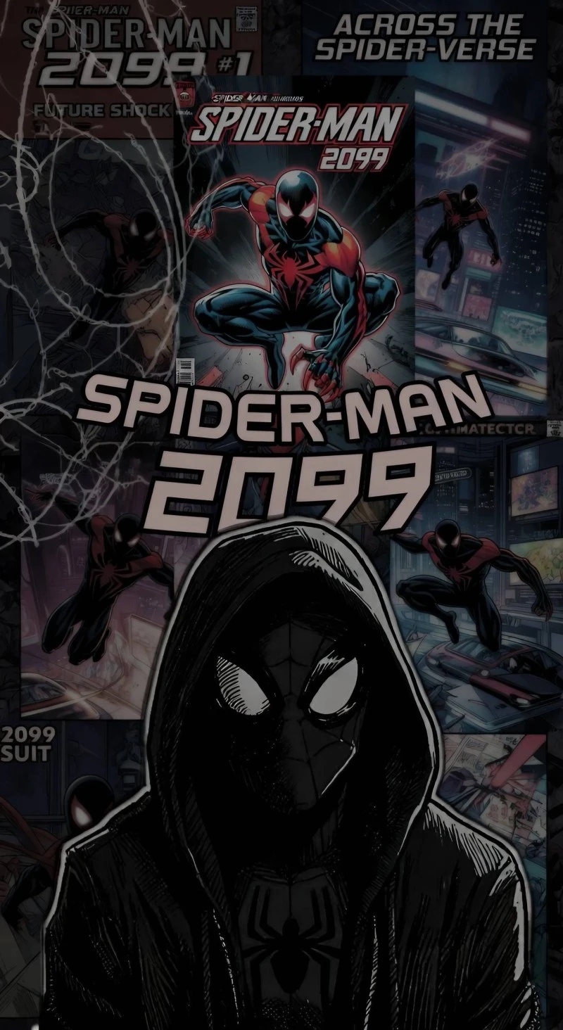 Spider-Man 2099 Across the Spider-Verse Comic Collage 4K Mobile Wallpaper