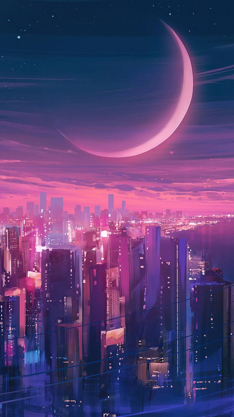 Night City under Crescent Moon 4K Mobile Wallpaper