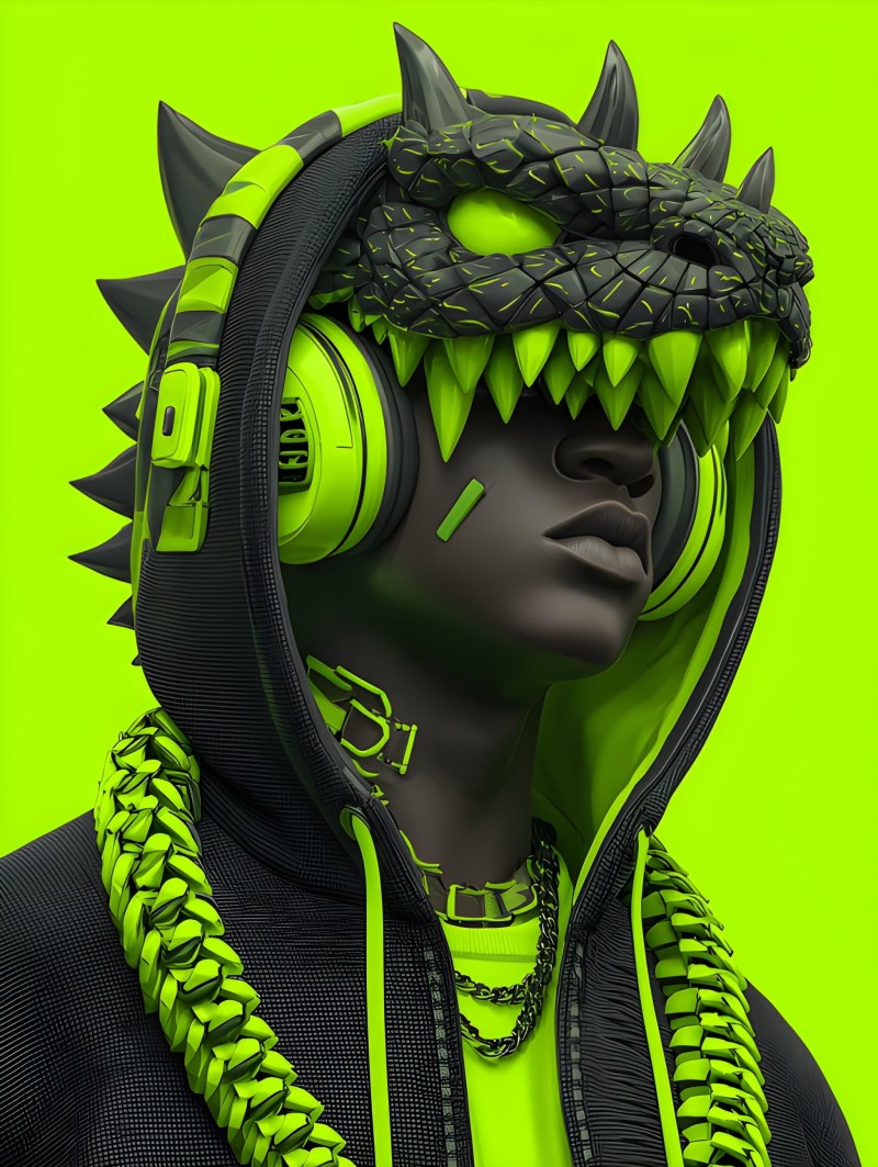 Vibrant Green Neon Monster Portrait with Headphones Closeup 4K Digital Wallpaper
