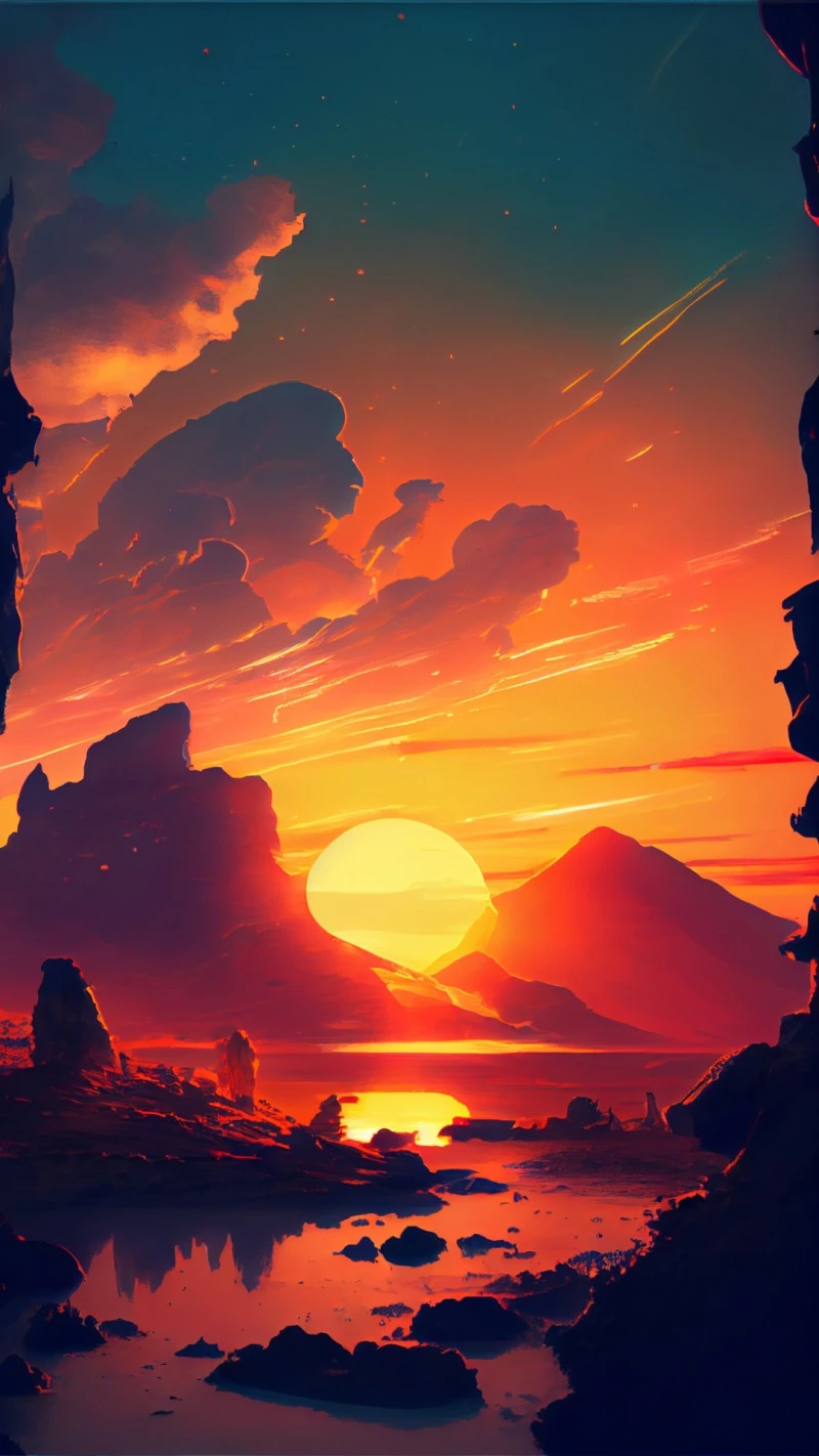 Fiery Sunset Over a Calm Lake 4K Mobile Wallpaper