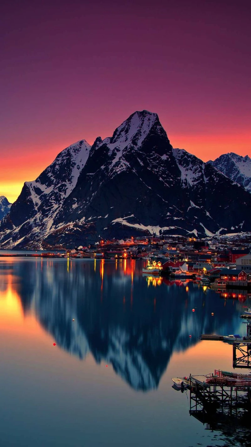 Mountain Village Sunset Reflection 4K Mobile Wallpaper