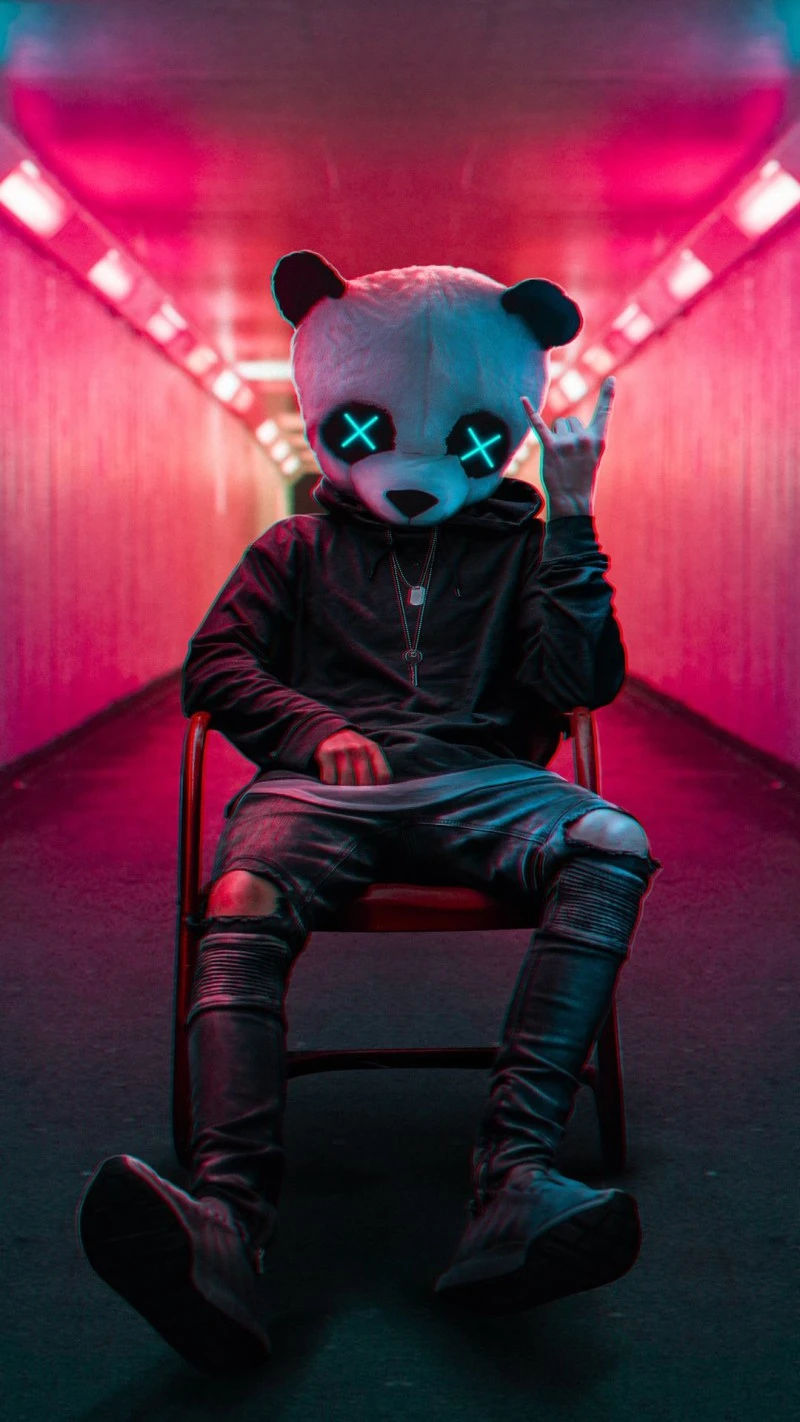 Panda Mask in Neon Tunnel 4K Mobile Wallpaper