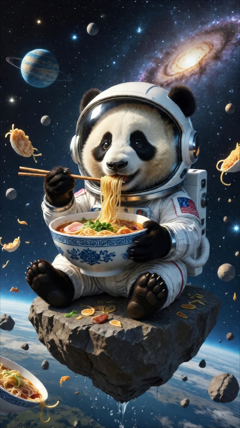 Playful Panda Astronaut Eating Noodles in Space Wallpaper 4K Panda Wallpaper