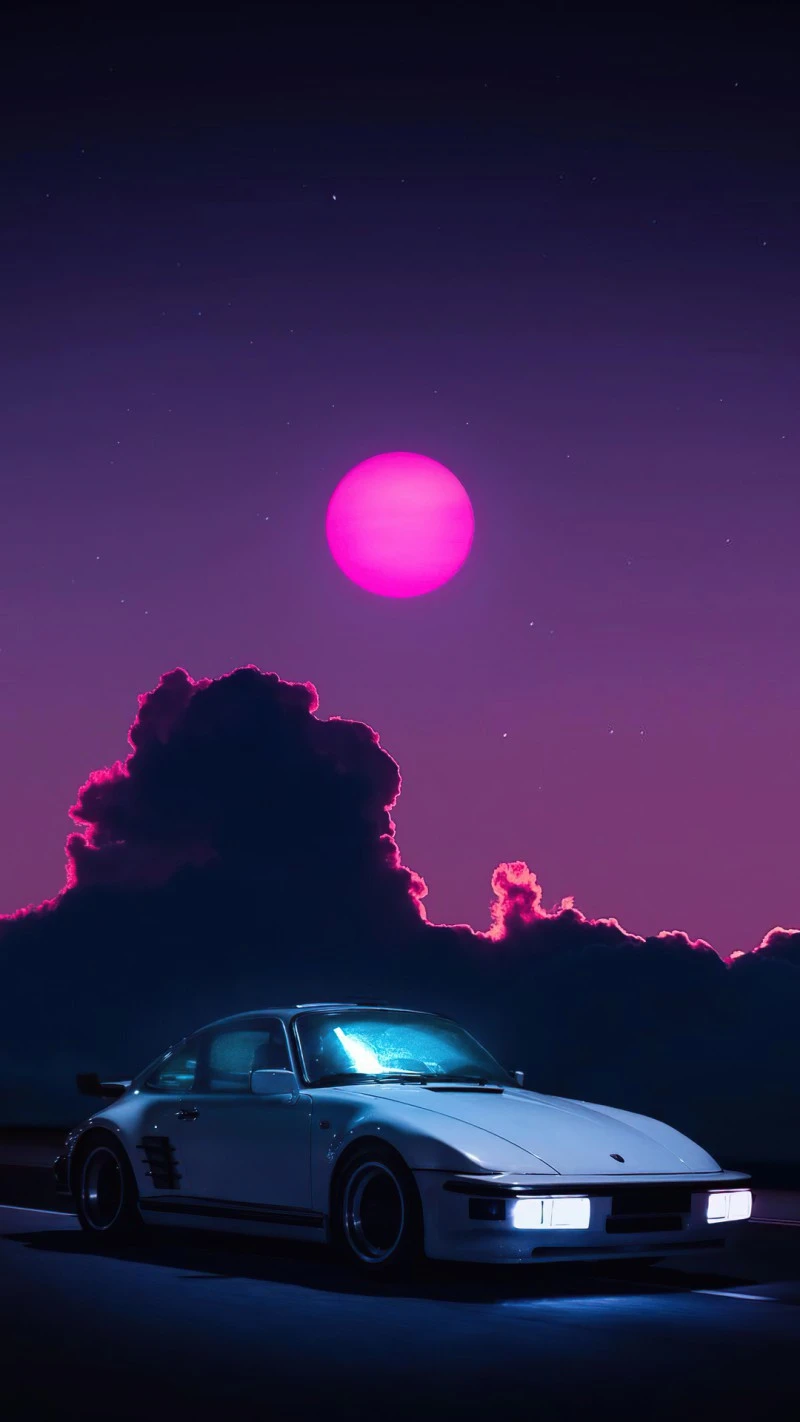Retro Porsche Under a Pink Moon 4K Mobile Wallpaper