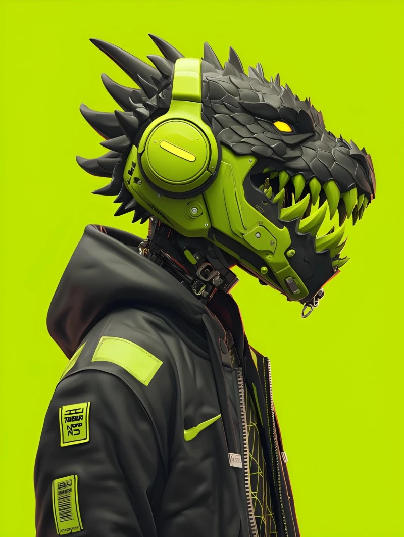 Neon Green Cyberpunk Monster Head in Black Jacket Futuristic 4K Mobile Wallpaper