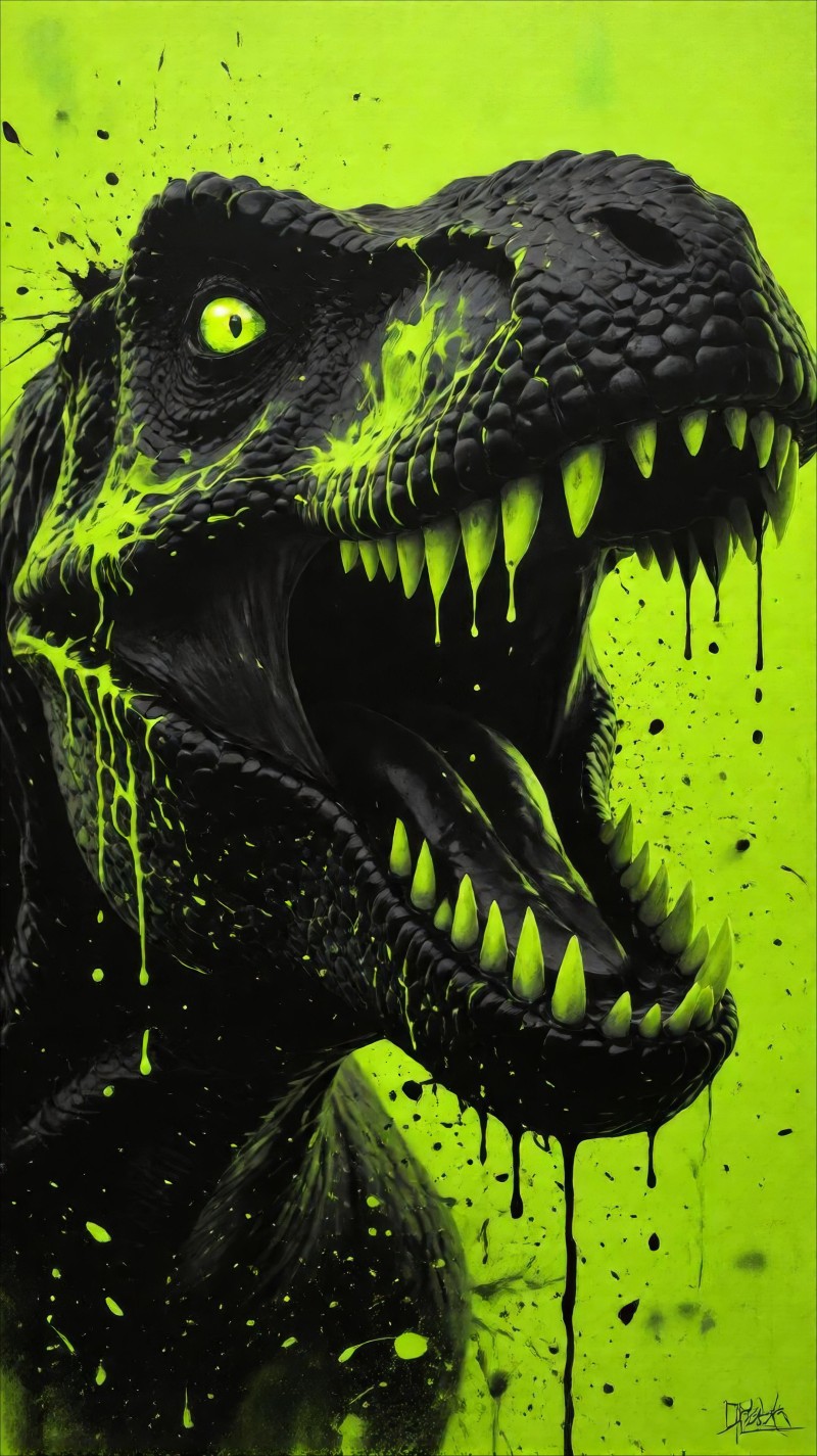 Black and Neon Green Dino Portrait with Paint Splashes Ending 4K Ash Wallpaper