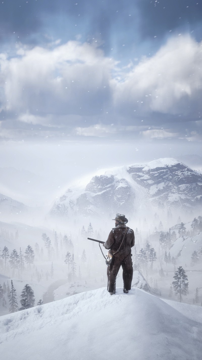 Snowy Mountain Landscape with Cowboy Red Dead Redemption 2 Wallpaper 4K Mobile Wallpaper