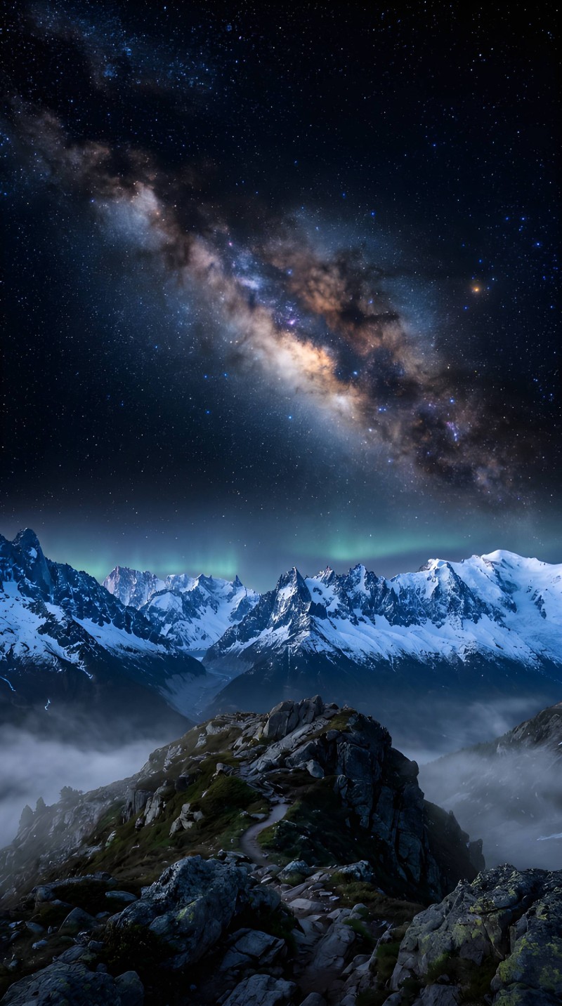 Dark Starry Night Sky Snowy Mountains AMOLED Wallpaper 4K Now Wallpaper