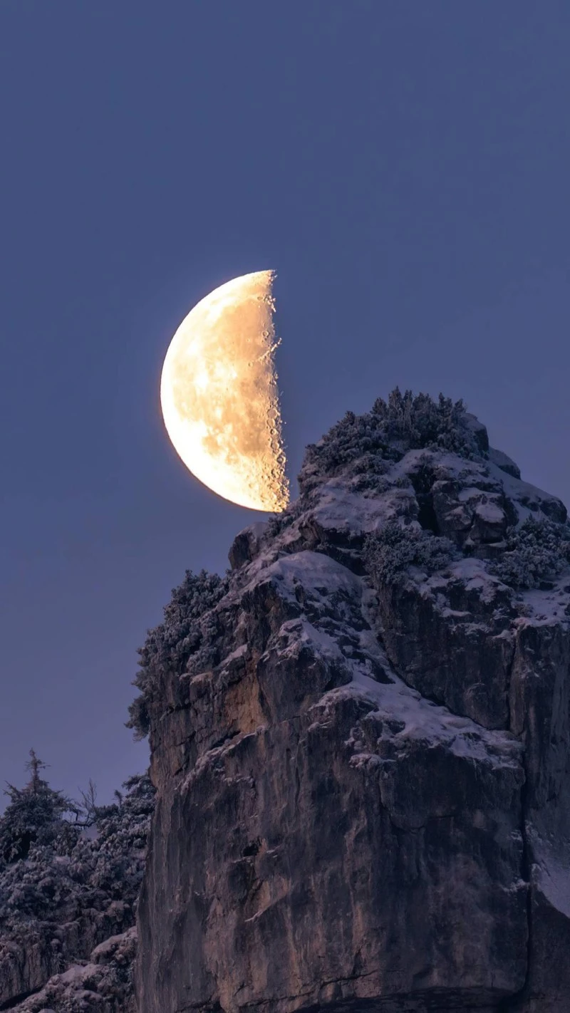 Crescent Moon Over Snowy Peak 4K Mobile Wallpaper