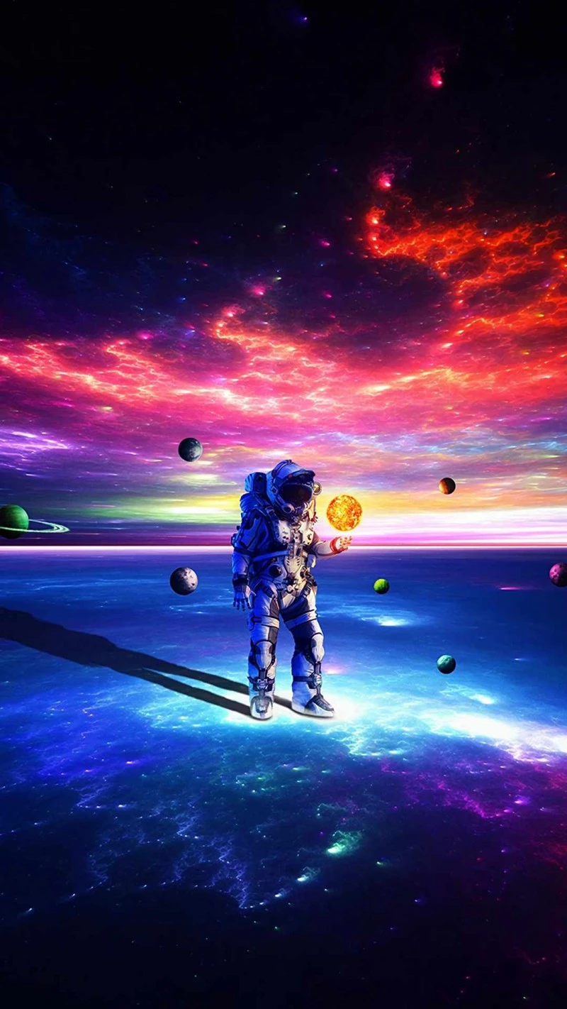 Astronaut Amidst a Cosmic Sea of Planets 4K Mobile Wallpaper