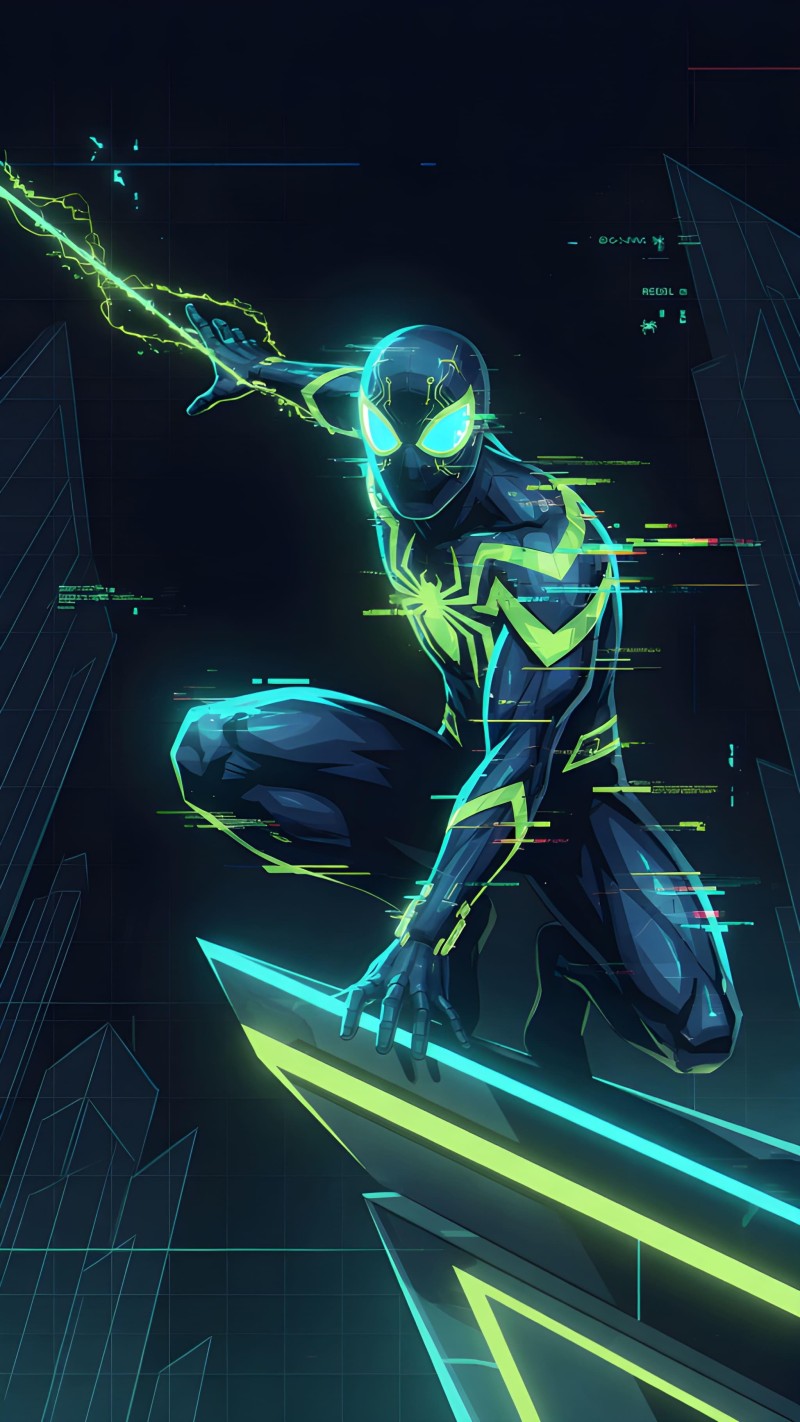 Glowing Neon Spider-Man in Dark Cityscape with Cyberpunk Style Ending 4K Wing Wallpaper