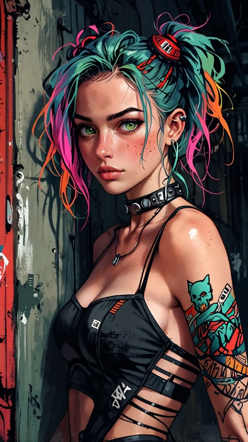 Digital artwork girl hair purple and green and tattoos 4K Mobile Wallpaper
