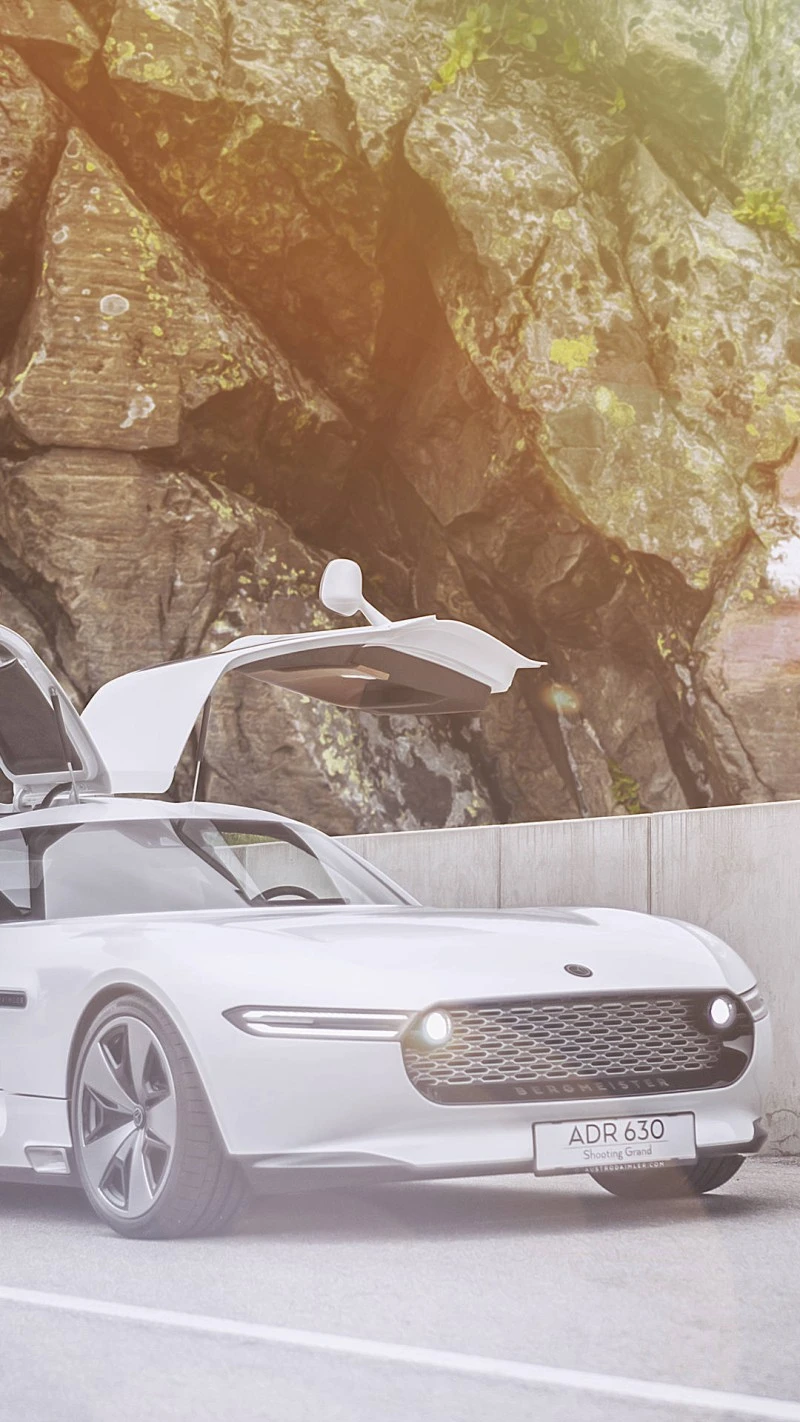 Futuristic White Coupe by a Mountainside 4K Mobile Wallpaper
