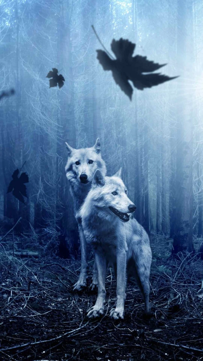 Mystic Wolves in the Blue Forest 4K Mobile Wallpaper