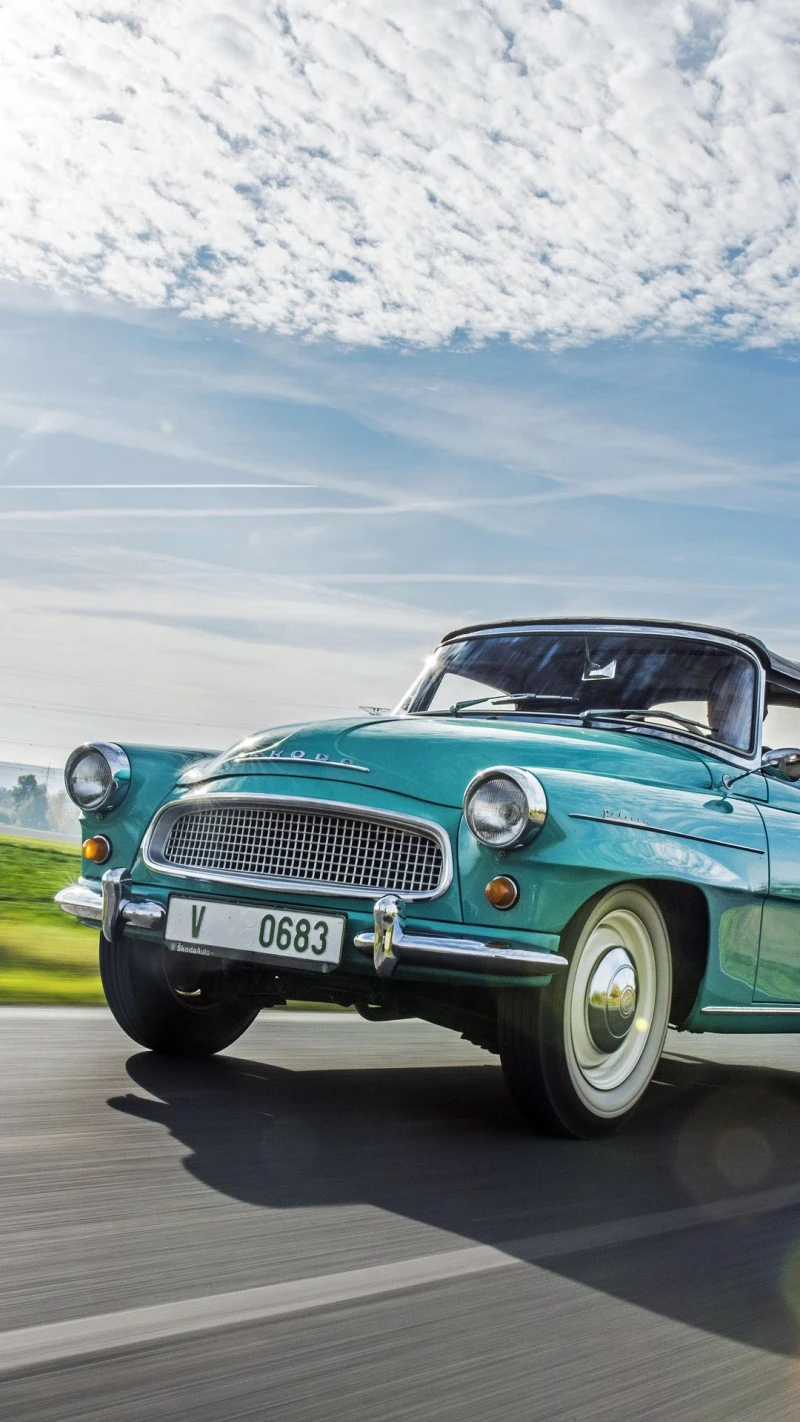 Classic Skoda Cabriolet Cruising 4K Mobile Wallpaper