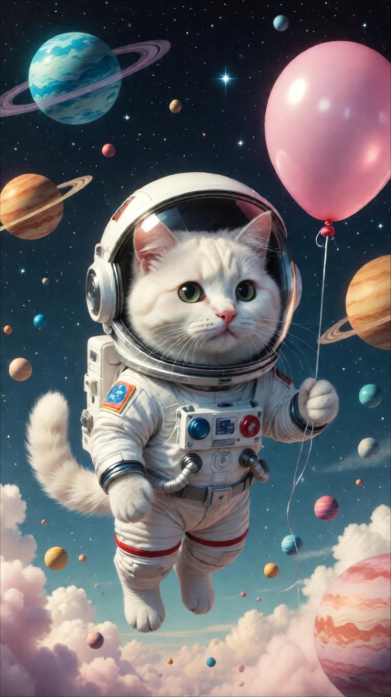 Whimsical White Cat Space Adventure Astronaut Wallpaper 4K Plane Wallpaper