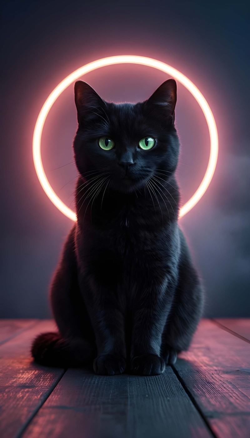 Mystic Black Cat Neon Circle Dark Wallpaper iPhone Background 4K Cat Wallpaper
