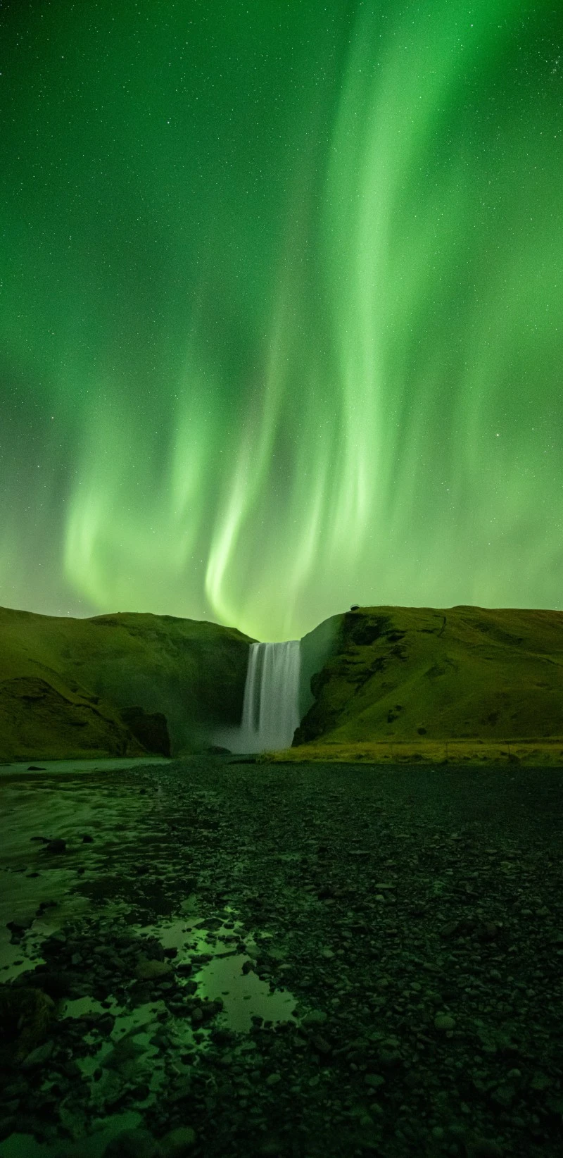Aurora Borealis over Waterfall 4K Mobile Wallpaper