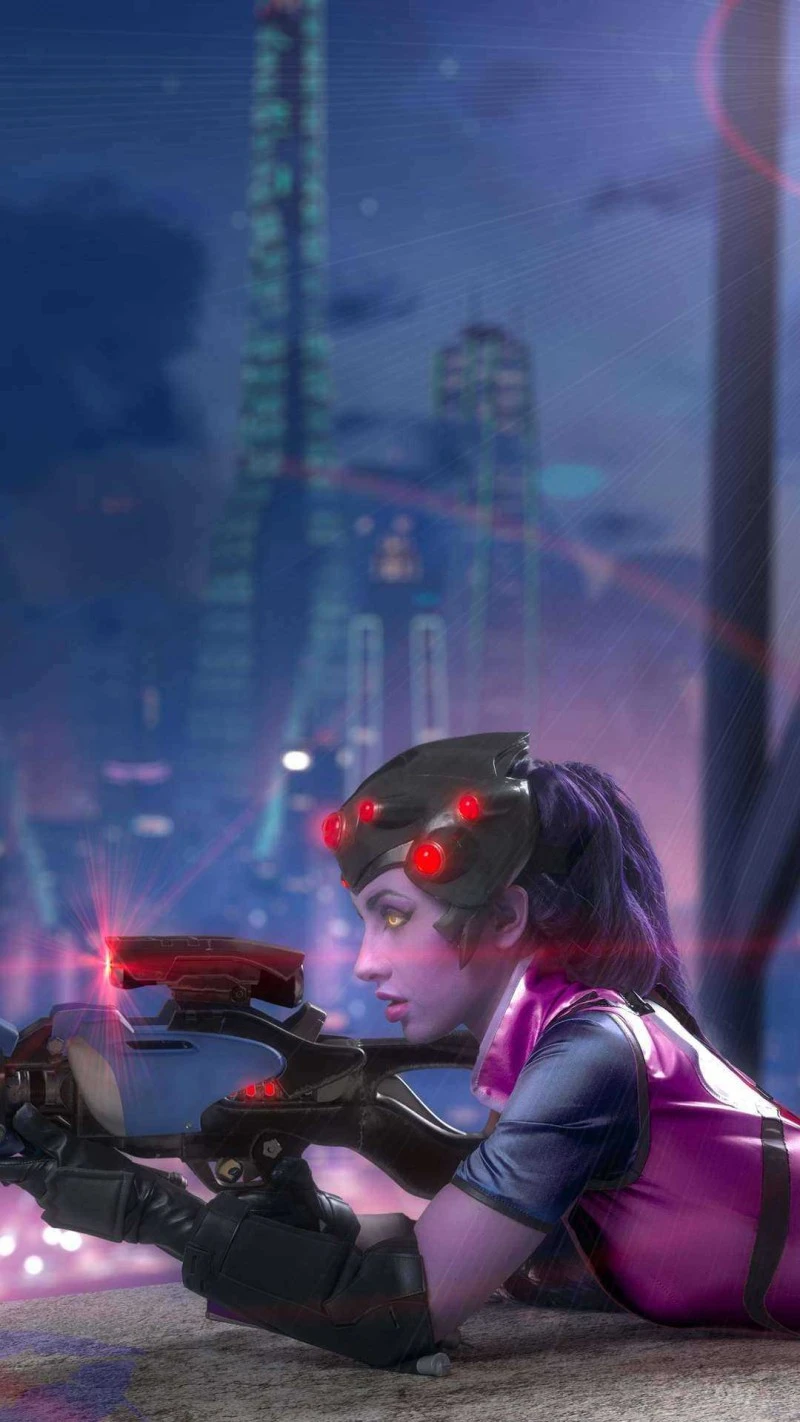 Widowmaker Cosplay in Overwatch Cityscape 4K Mobile Wallpaper