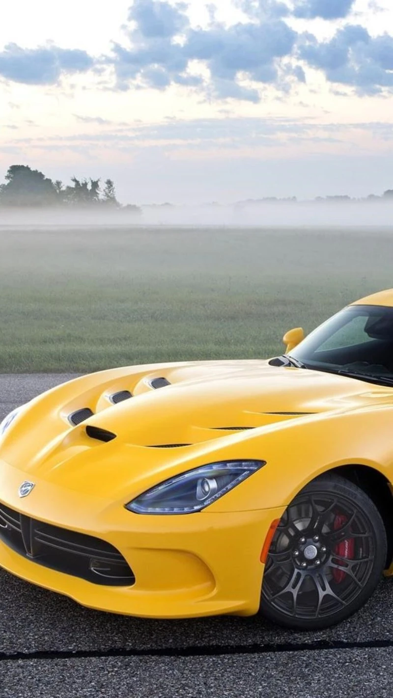 Yellow Dodge Viper in Misty Field 4K Mobile Wallpaper