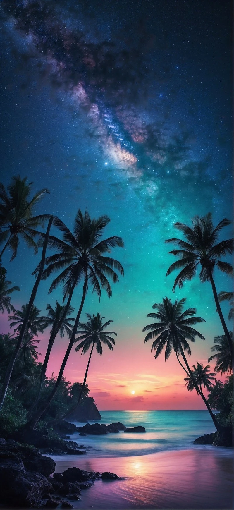 AI Dreamscape: Tropical Beach Under the Milky Way 4K Mobile Wallpaper