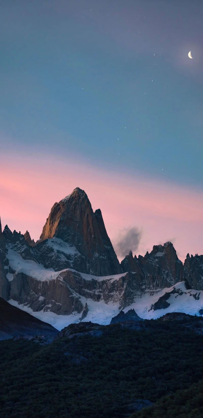 Mountain Majesty under a Crescent Moon 4K Mobile Wallpaper