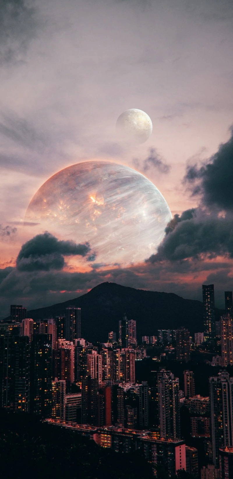 Alien Planet Over Cityscape 4K Mobile Wallpaper