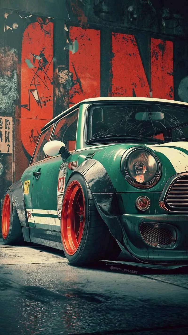 Classic Green Mini Cooper Widebody Orange Wheels Wallpaper 4K Orange Wallpaper