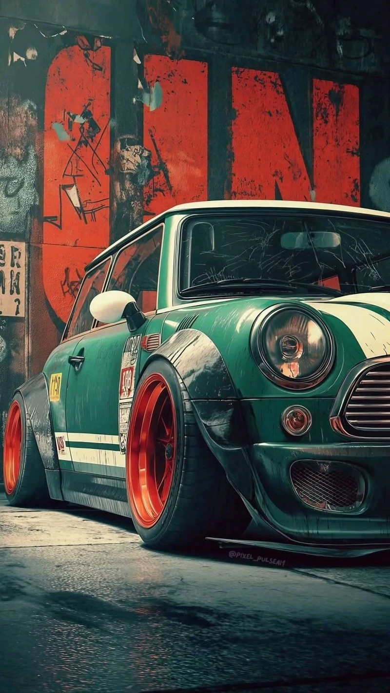 Classic Green Mini Cooper Widebody Orange Wheels Wallpaper 4K Mobile Wallpaper