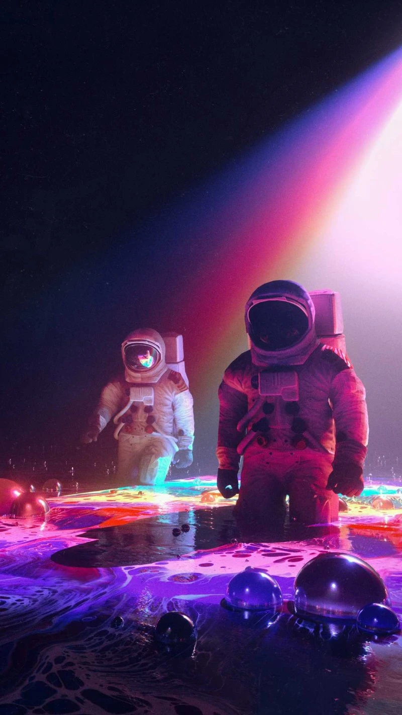 Astronauts on a Chromatic Planetoid 4K Mobile Wallpaper