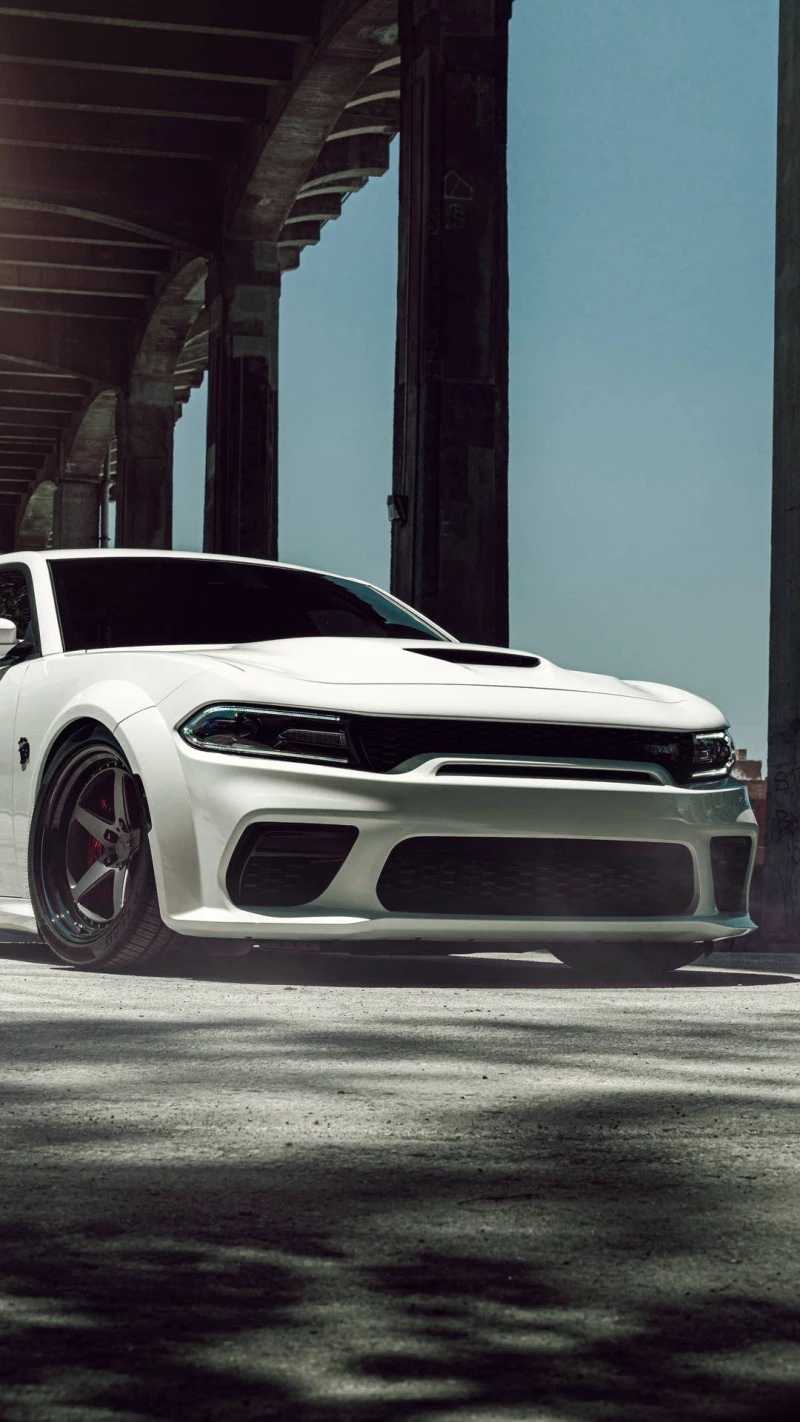 White Dodge Charger Underneath Bridge 4K Mobile Wallpaper