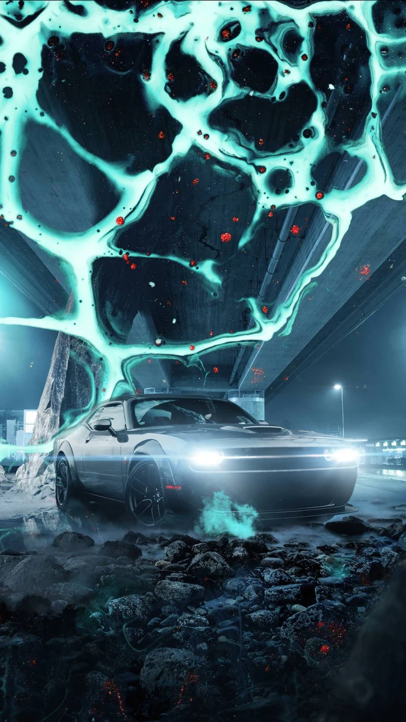 Dodge Challenger in a Cyberpunk World 4K Mobile Wallpaper