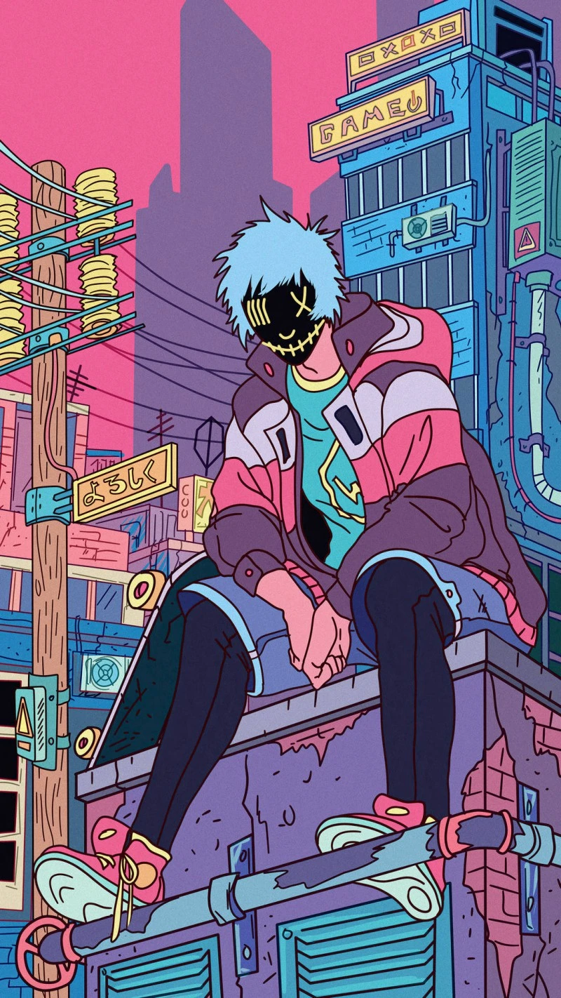Cyberpunk Anime Boy on Rooftop 4K Mobile Wallpaper