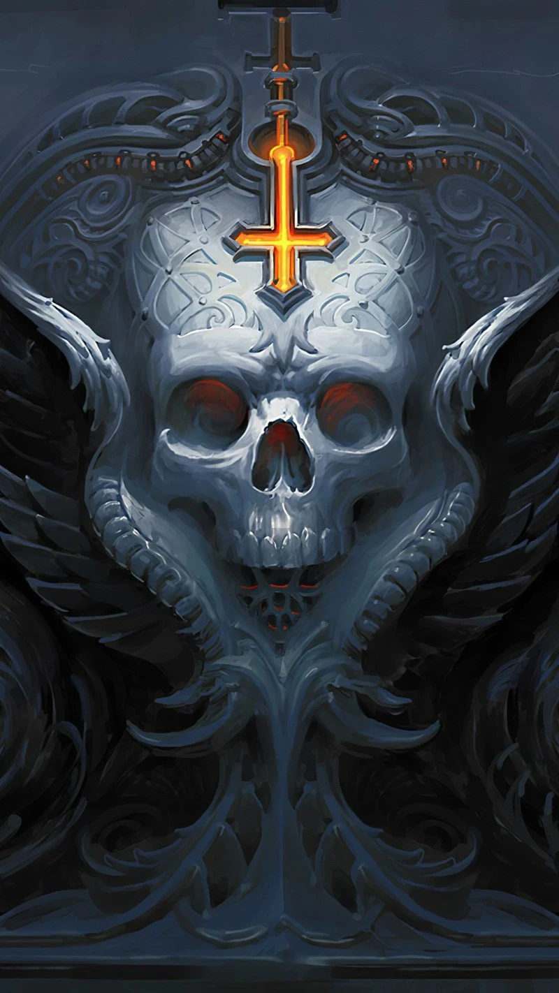 Ornate Skull with Inverted Cross 4K Mobile Wallpaper