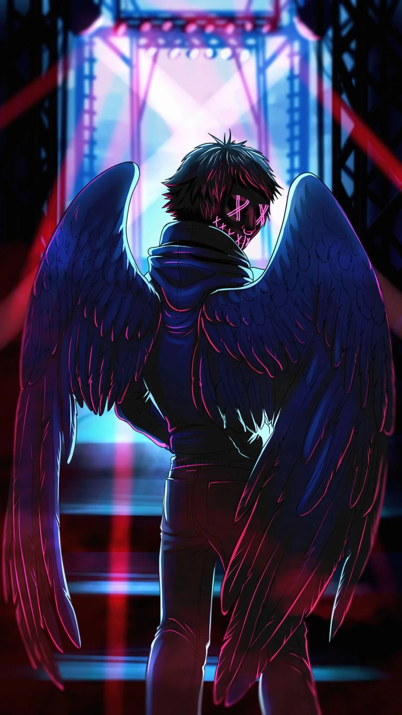 Neon Winged Figure in Cyberpunk Setting 4K Mobile Wallpaper