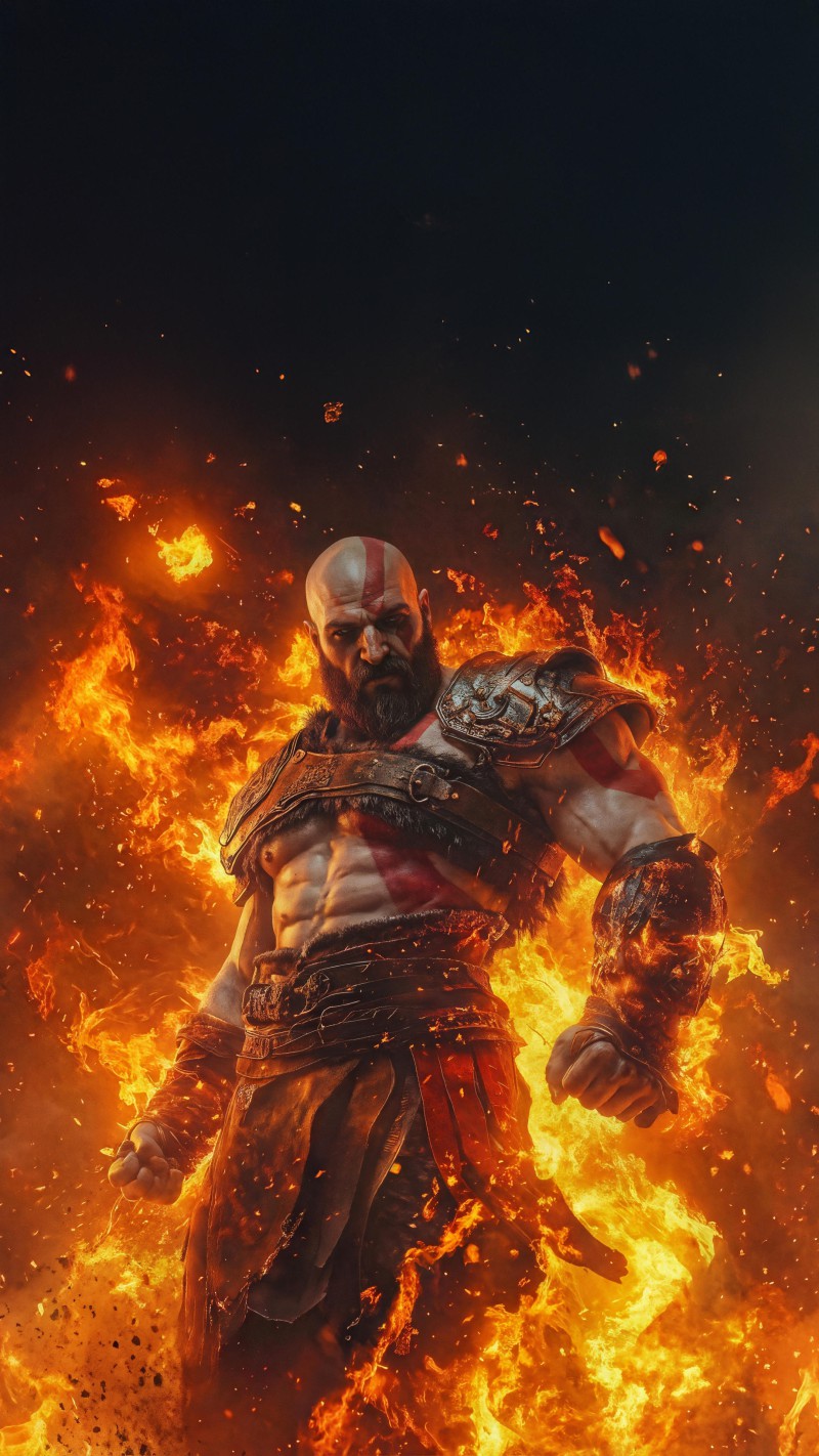 4K mobile wallpaper Kratos Engulfed in Flames - high resolution for Android and iPhone