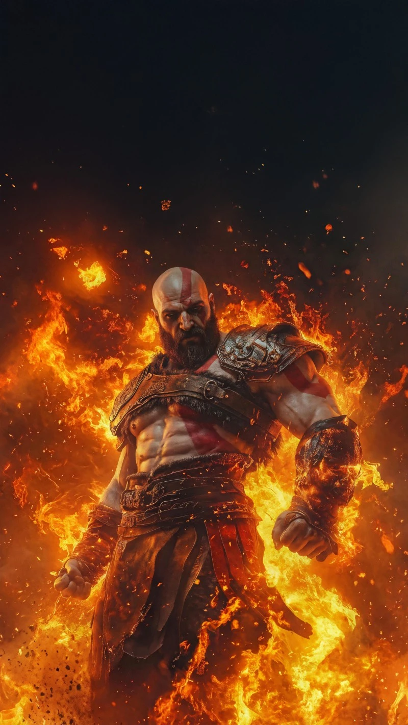 Kratos Engulfed in Flames 4K Mobile Wallpaper