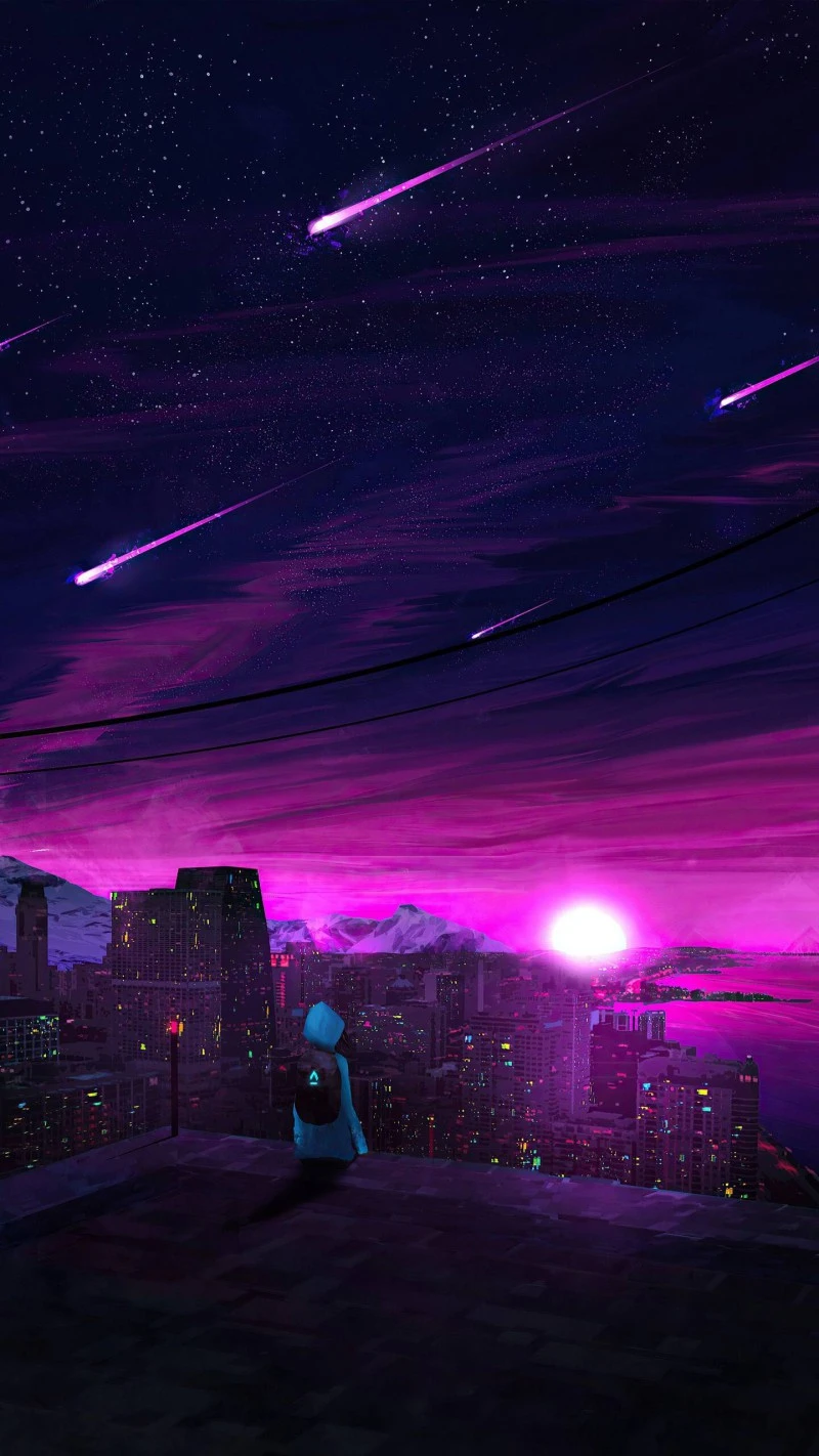 Neon Cityscape and Shooting Stars 4K Mobile Wallpaper