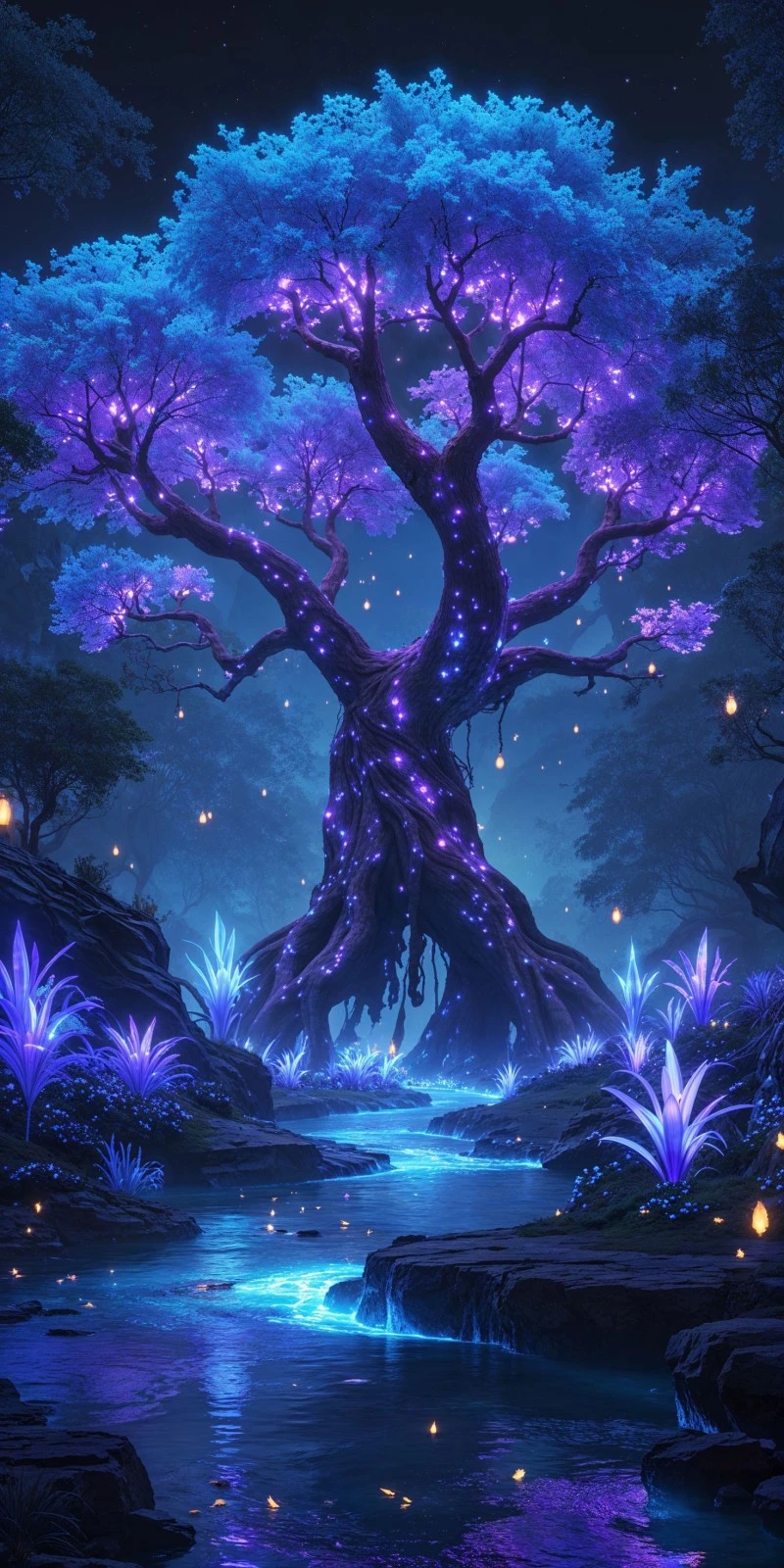 Enchanted Forest with Glowing Tree 4K Mobile Wallpaper